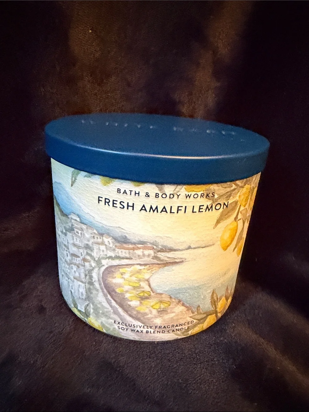 Bath & Body Works Fresh Amalfi Lemon Candle - Blue Lid, Yellow Accents